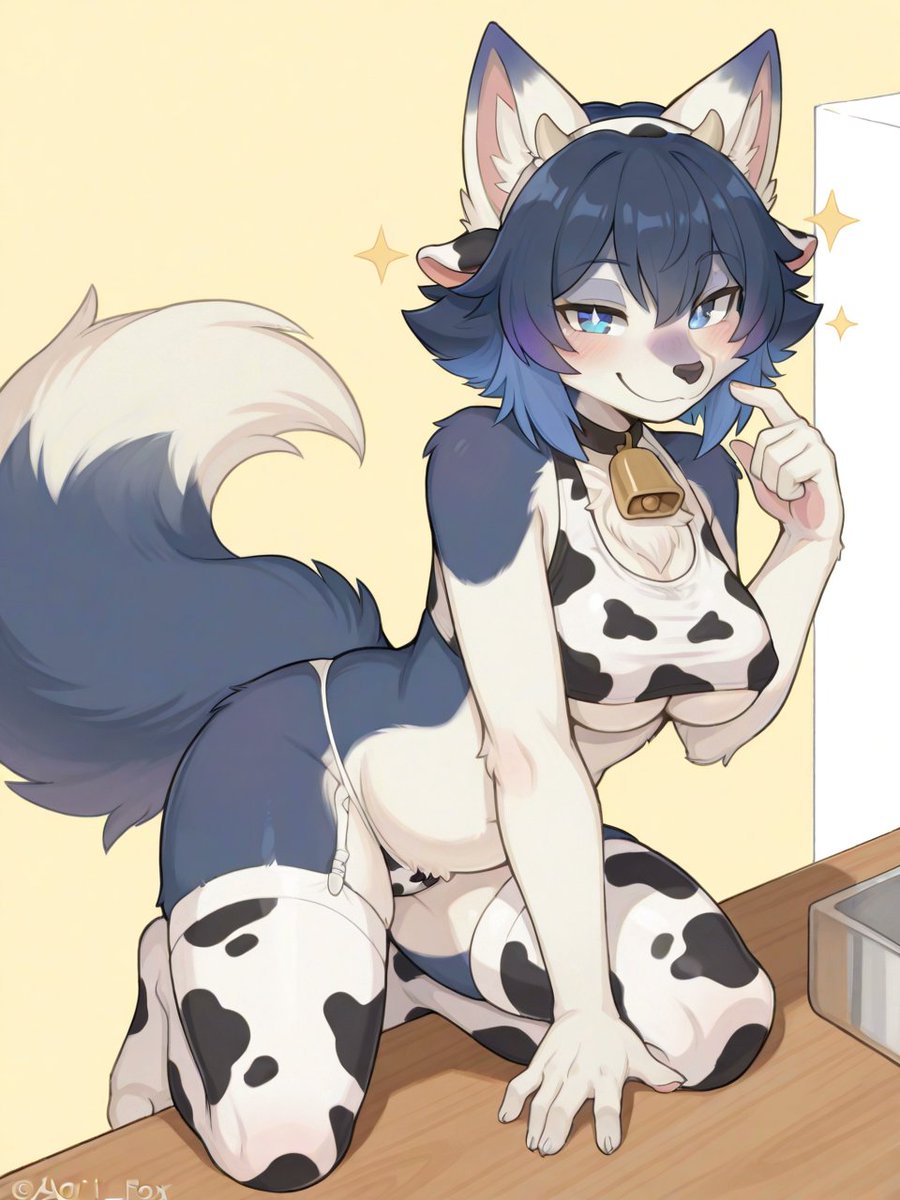 GrahamKemono's tweet photo. Aoi in cow print~ 🐮💕
This outfit is so cute, right? 
I couldn't decide on a pose so I took a bunch!

Check the other pics in the carousel too~ Which one is your favorite? 🦊💙💙
#Alart #Alfurury #kemono #furryart https://t.co/WJ92AVX3B2