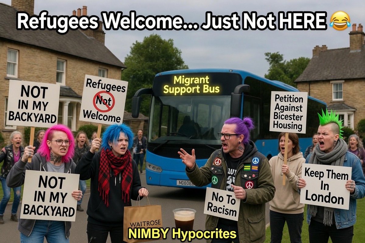 Proudofthisland's tweet photo. 🚨 Oxford ‘Stand Up To Racism’ just dropped a petition… AGAINST housing asylum seekers in their posh backyard in Bicester! 😂

Say it loud, say it clear:

‘Refugees are welcome here… just not here!’

Virtue signalling level: Expert.

NIMBY level: Olympic Gold.

Who knew fighting racism stops at your own postcode? 🍿 

Hypocrisy so thick you could spread it on your Waitrose sourdough.