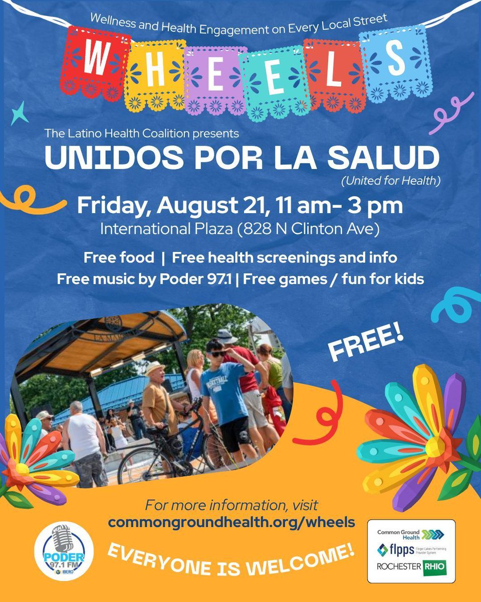 CommonGroundH's tweet photo. ¡Unidos por la Salud! Join the Latino Health Coalition on Friday, Aug. 21, 11 a.m.–3 p.m. at International Plaza (828 N Clinton Ave) for FREE food, health screenings/info, music by Poder 97.1, and fun for kids. Building a healthier community together. Everyone is welcome! https://t.co/gtsZno8IBV