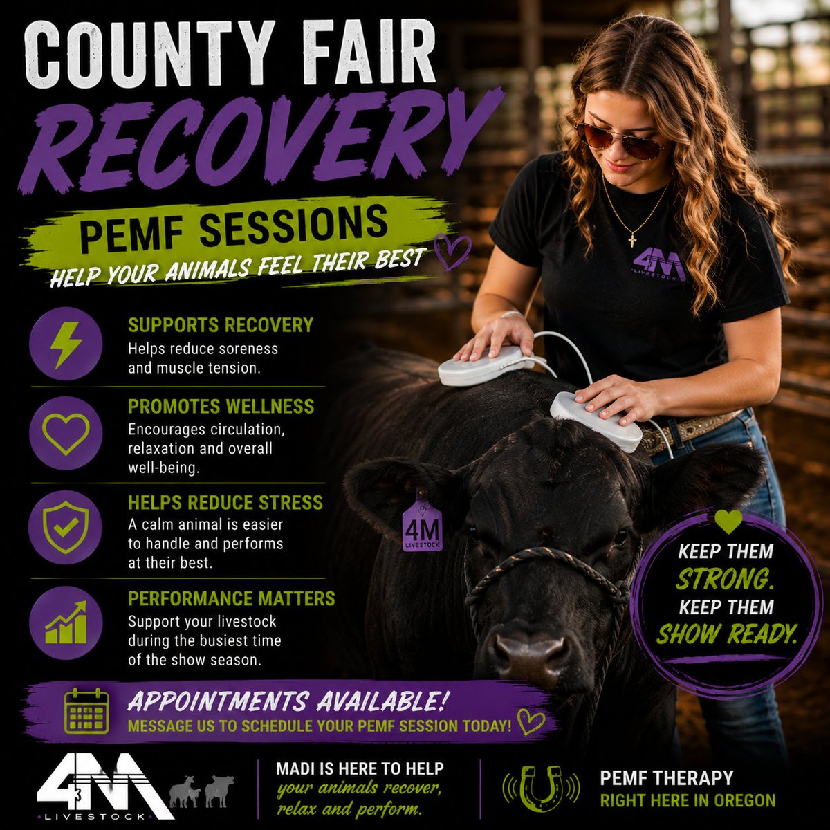 4MLivestock's tweet photo. County fairs are here! 🐄 Your livestock is working hard. Support their recovery with PEMF sessions! Madi has openings soon. 📅 DM to schedule! 📩 #FarmLife #LivestockHealth #CountyFair https://t.co/5dQ6SUmHYw