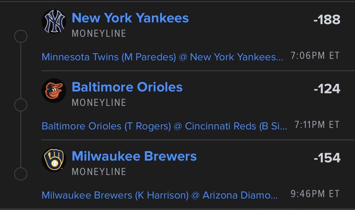 SB_Assault's tweet photo. Yankees ML 
Gonna end there losing streak 

Orioles ML 
Good numbers against pitcher for multiple batters 

Brewers ML
Diamondbacks using closing pitcher https://t.co/fAoXwQ141D