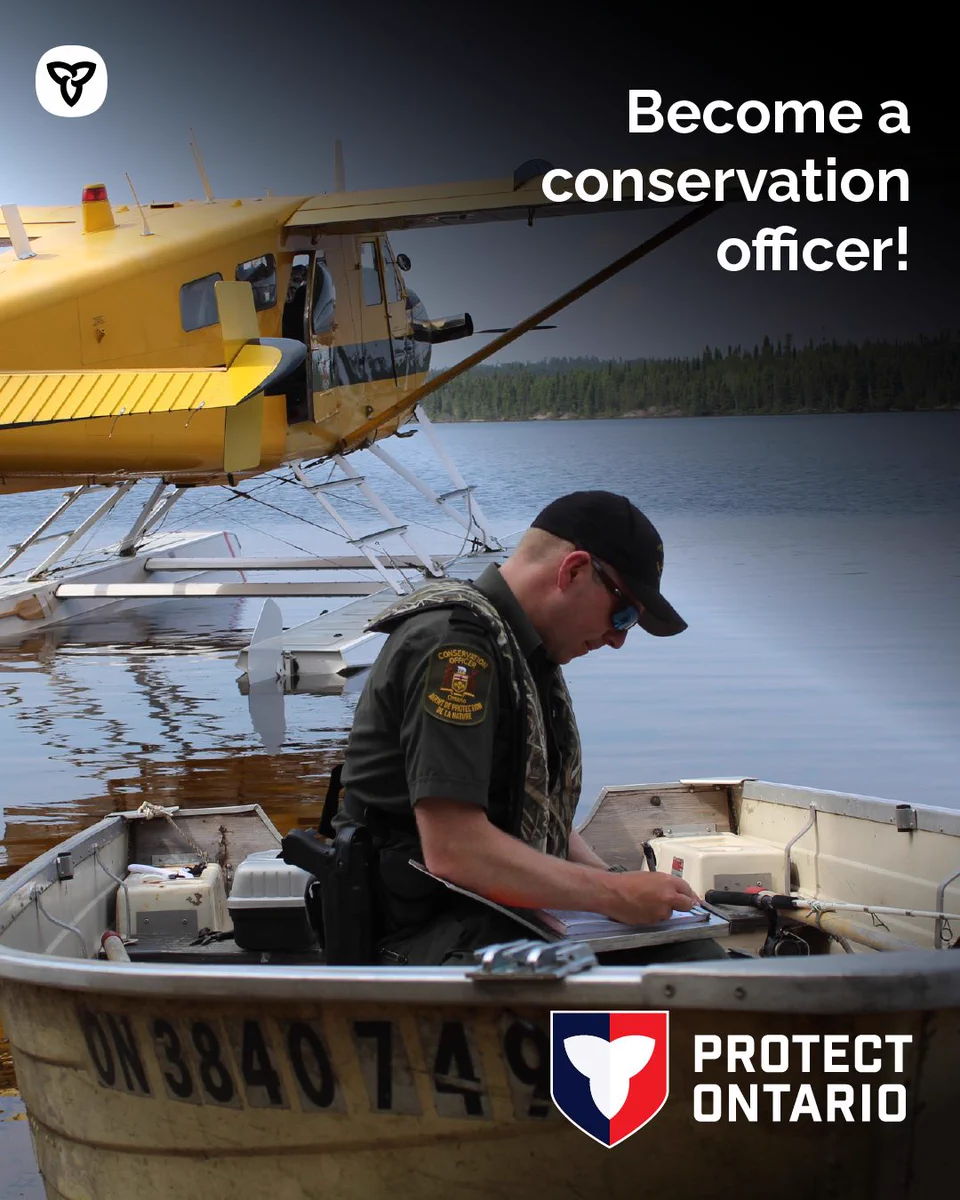  
Text: Become a conservation officer! 
A conservation officer in a boat with a water bomber in the background. 
 

