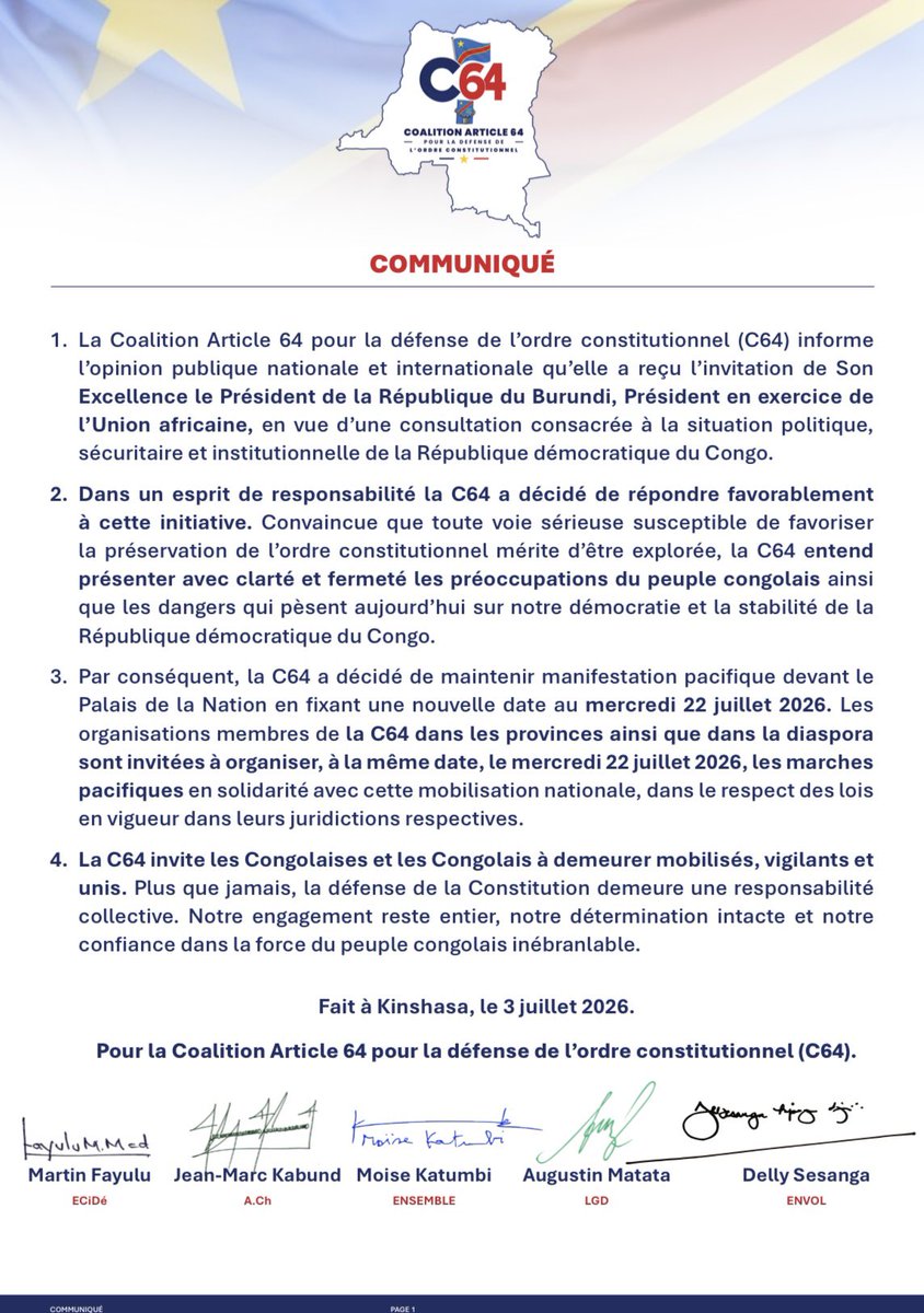 afrikarabia's tweet photo. 🔴#RDC Après l’invitation du président burundais faite à l’opposition congolaise pour consultation, la plateforme #C64 « a décidé de répondre favorablement à cette initiative ». Une nouvelle date de #manifestation est fixée au 22 juillet devant le Palais de la Nation. https://t.co/e7EhGZJd6X