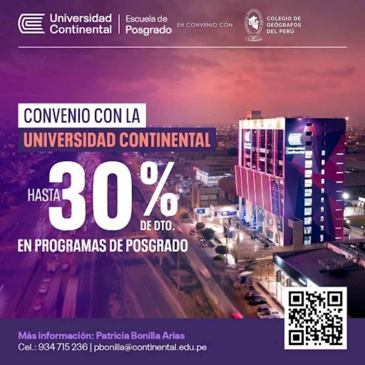 cgp_pe's tweet photo. 🎓 Gracias al convenio entre el CGP y la Escuela de Posgrado de la Universidad Continental, nuestros miembros pueden acceder a hasta 30% de descuento en programas de posgrado.

✅ Requisito indispensable: ser colegiado hábil del CGP.

📲 Escanea el QR para más información. https://t.co/JOY6LpBFQ2