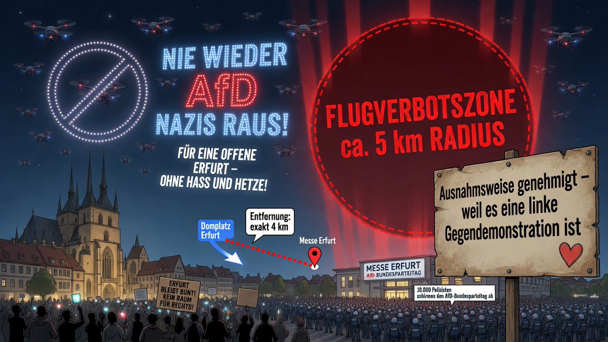 JBehr_Presse's tweet photo. Drohnenflugverbotszone 5 km rund um die Messehalle in Erfurt an diesem Wochenende und am Domplatz mit circa 4 km Entfernung laut Google Maps findet eine Anti AfD Drohnenshow legal statt. #EF0407 #AfD #Erfurt #Drohne #Show #Domplatz #AntiAfD https://t.co/KMf8xFb5G6