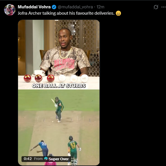 GovindIstOdraza's tweet photo. Mufaddal Vohra talking about Jofra Archer talking about his favourite deliveries https://t.co/QqyNr9vG6D