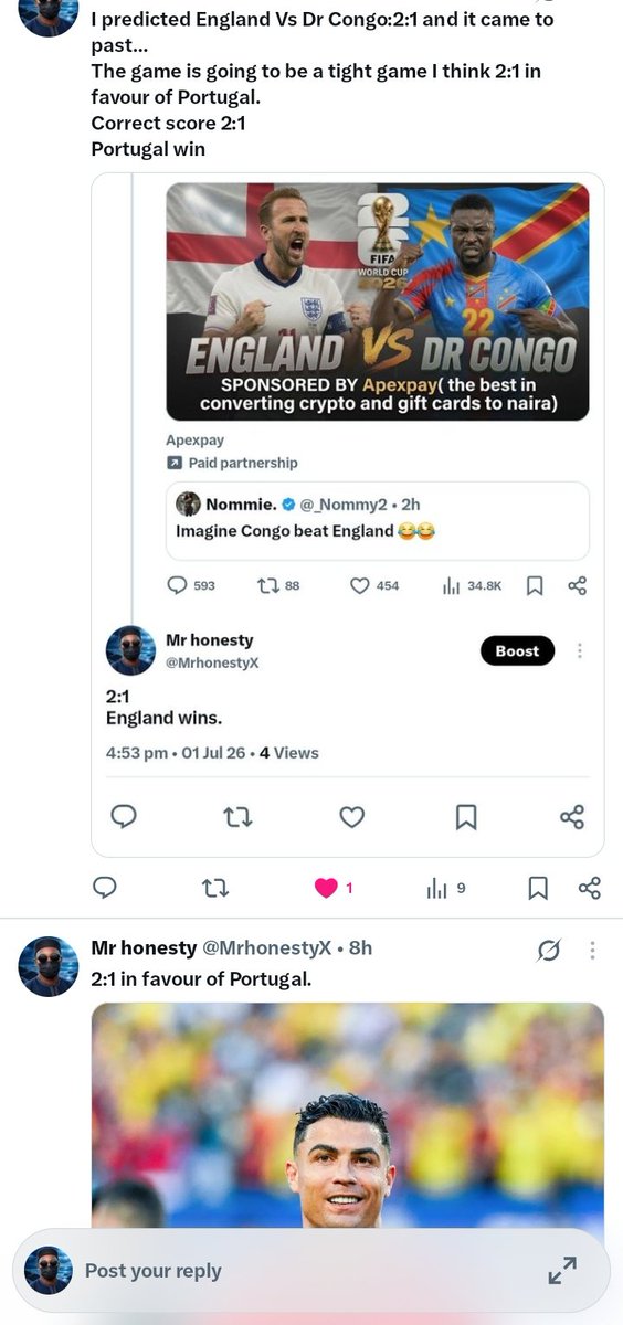 MrhonestyX's tweet photo. @john322226 I got 2/3 of the game ls you asked us to predict boss, 
I followed @apexpaynigeria
England Vs Dr Congo 2:1 ✅
Portugal Vs Croatia 2:1✅
Spain vs Austria 2:1 ❌ https://t.co/h10kcx99CY