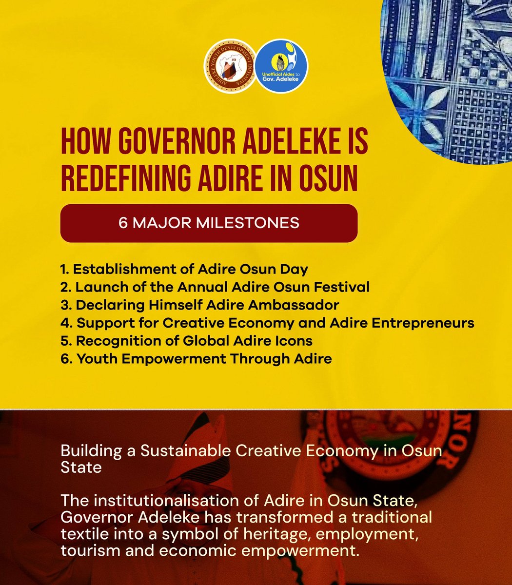OluwasayoElijah's tweet photo. The modern Osun under Imole. Governor Ademola Adelekeโs policies are shaping the state economy and promoting art and culture. Btw, every Wednesday is Adire day in Osun State under @AAdeleke_01.
May Governor Ademola Adeleke Succeed.
#ProtectTheProgress #ImoleCarryOnAccordingly https://t.co/OjMMhdaYsI