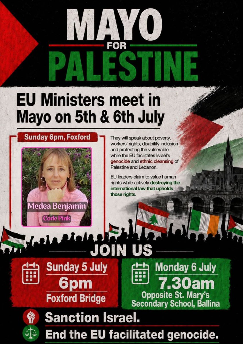 ciarantierney's tweet photo. Veteran #US peace activist @medeabenjamin is on her way to #Mayo to join peaceful @MayoIPSC demonstrations for the visit of #EU Ministers to mark Ireland’s Presidency of the Council of the European Union this Sunday and Monday.

The #GazaGenocide‌ has today reached 1,000 days. https://t.co/jzIqcD56ZK