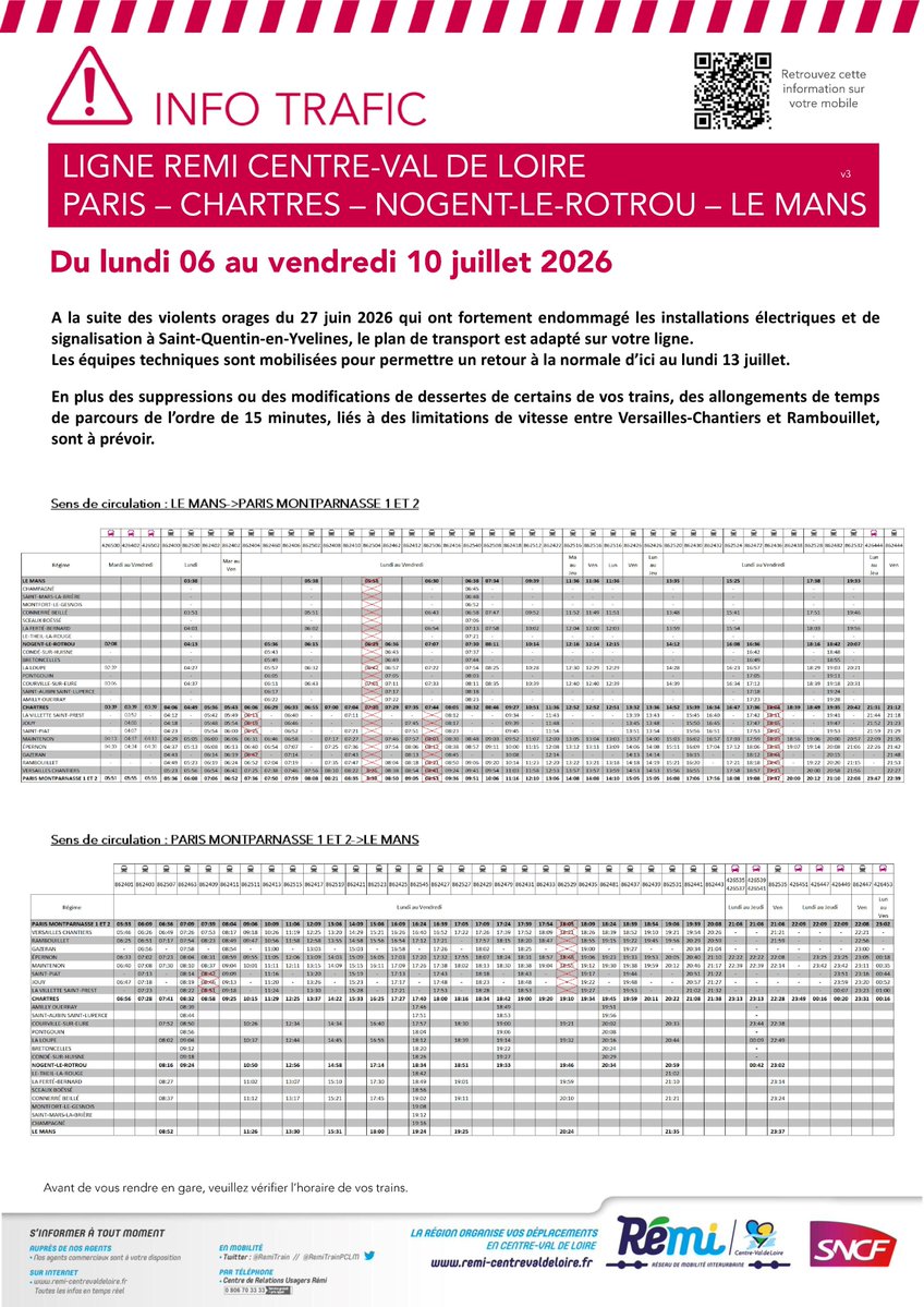 RemiTrainPCLM's tweet photo. ❗ Du lundi 06 au vendredi 10 juillet 2026  

Le plan de transport est modifié, des suppressions et des modifications de dessertes sont à prévoir ⬇ 

Prévoyez également des allongements de temps de parcours d'environ 15 minutes. https://t.co/lkjGKvvfGT