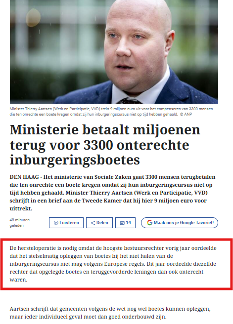 Mirjam152's tweet photo. Daar gaan we weer: de rechter vindt een boete voor statushouders die hun inburgering niet serieus nemen in strijd met Europees Recht. Terugbetalen van de lening zal ook wel in strijd met mensenrechten of iets dergelijks zijn. 

Het is totaal zinloos om iets tegen statushouders of (fake) asielzoekers te ondernemen. Rechters vinden altijd wel een EU-regel, een beleidsuitspraak of iets uit een oud Verdrag waardoor ze in het voordeel van de migrant kunnen beslissen. Zonde van de tijd en moeite.