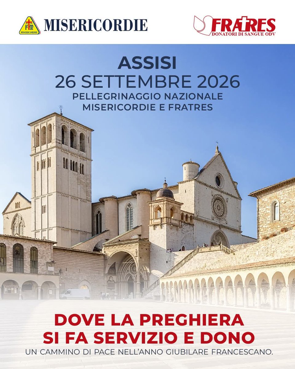 FratresNaz's tweet photo. 👉Save the date: 26 settembre 2026.
@misericordie1  e #Fratres si riuniranno ad Assisi in Pellegrinaggio Nazionale.
Vivremo insieme una giornata di preghiera, incontro e condivisione, nel segno di San Francesco.
Ci vediamo ad #Assisi 😍 https://t.co/2P51XGnlFO