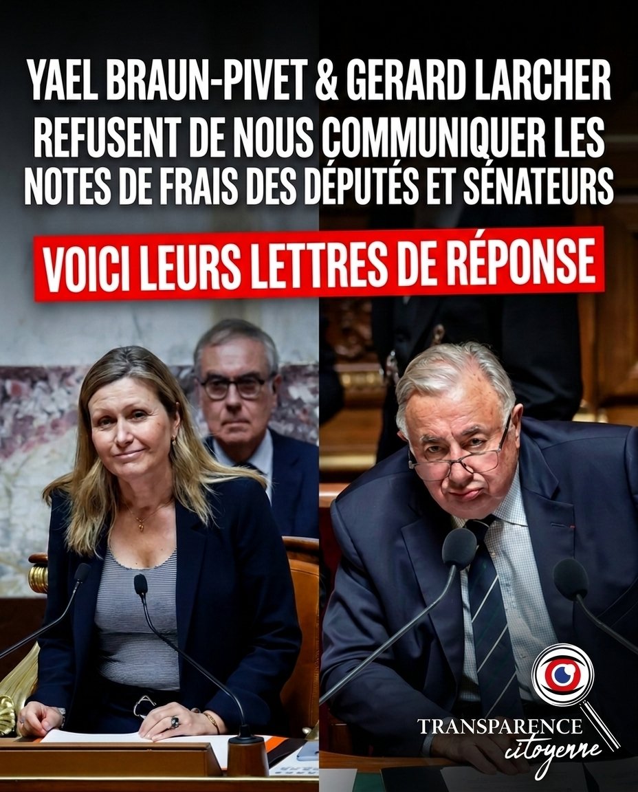 TransparenceCit's tweet photo. 🚨 GÉRARD LARCHER ET YAËL BRAUN-PIVET REFUSENT DE NOUS DIVULGUER LES NOTES DE FRAIS DES SÉNATEURS ET DÉPUTÉS : NOUS PUBLIONS LEURS RÉPONSES  🚨

Nous avions demandé aux présidents de l'Assemblée nationale et du Sénat de nous communiquer les justificatifs des frais de mandat des députés et sénateurs (voir post du 26 mai dernier).

Leur réponse ? Un double refus. 🚫

L'Assemblée nationale invoque le secret professionnel du Déontologue. Le Sénat invoque la confidentialité prévue par son propre règlement interne.

Résultat : ces dépenses, financées par l'argent public, restent invisibles pour les citoyens qui les financent.

Mais la bataille ne fait que commencer.
Nous continuerons à nous battre pour la transparence de la vie publique. 
à très vite...