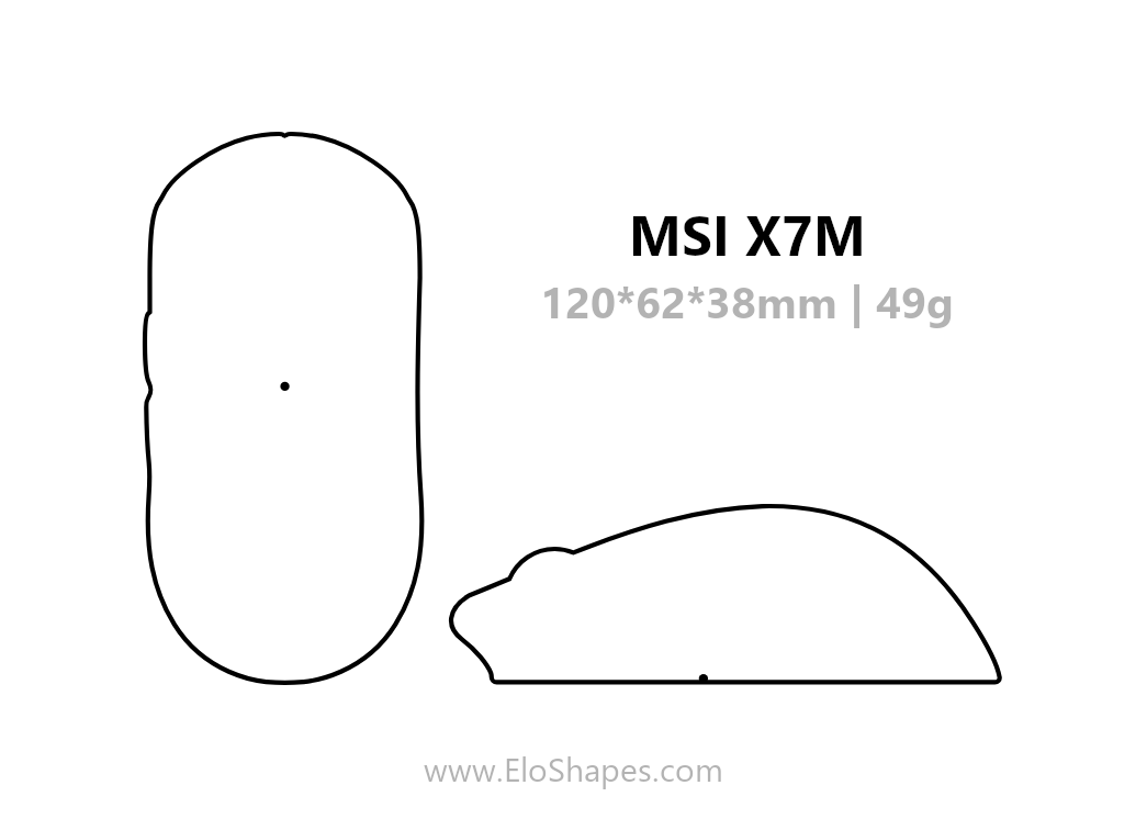 EloShapes's tweet photo. MSI is making gaming mice again, and their new X7M has been added to EloShapes!

- Size: 119.7 x 61.9 x 38.4
- Weight: 49 grams
- Sensor: PixArt PAW3950
- MCU: Nordic 54L15
- Switches: Omron Optical
- Encoder: TTC Gold https://t.co/W5qUf4zVbs
