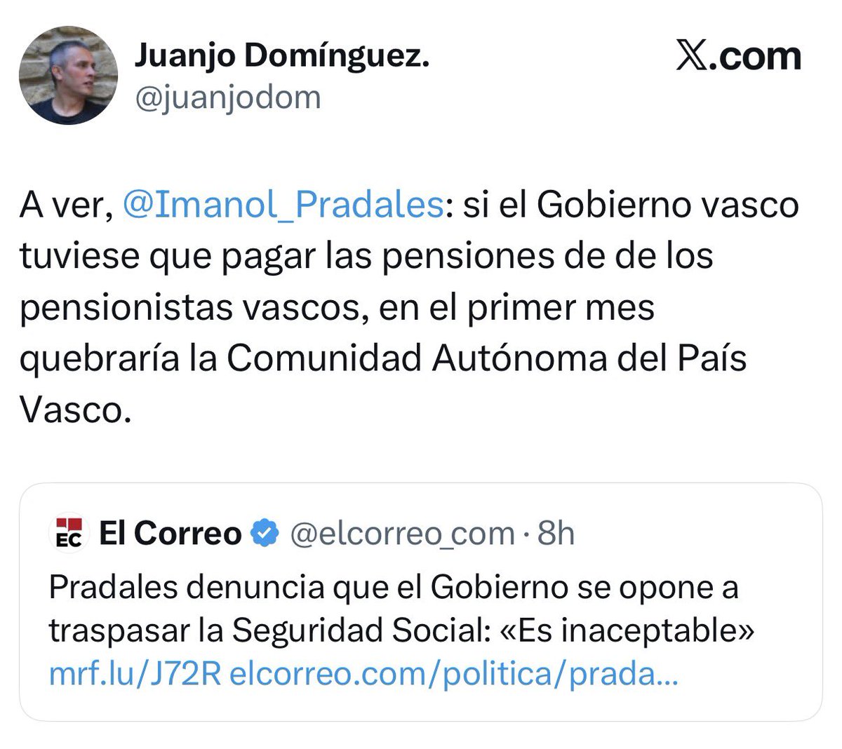 EstepanLauaxeta's tweet photo. Que alguien le explique a este señor de Bildu que ser ABERTZALE quiere decir que queremos pagar nuestras propias pensiones aunque eso nos salga más caro.

Que Euskadi suelte amarras de España y de Francia no es una cuestión de ganar o perder dinero, es SOBERANÍA. https://t.co/Awm3ABETDQ