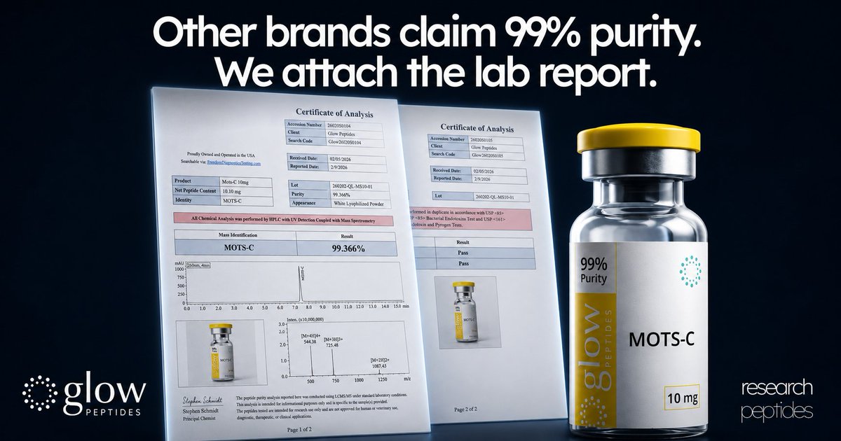GlowPeptidesCo's tweet photo. What makes Glow different? We don’t just say “99% purity” — we show the lab report to back it up.

Every product is supported with COA transparency, because quality should be verifiable, not just claimed.

Research use only. 

#GlowPeptides #ResearchPeptides #COA #LabTested https://t.co/BgbMR9xMuL