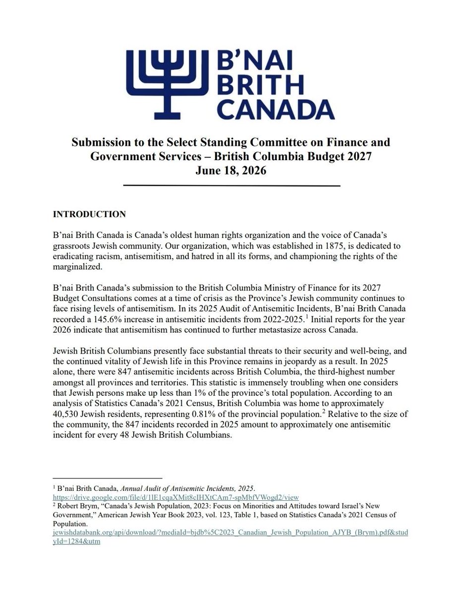 aron4895's tweet photo. .@bnaibrithcanada recently submitted recommendations for BC’s 2027 Budget consultations.

The urgency is clear: antisemitic incidents in BC reached 847 in 2025, while incidents nationally increased 145.6% from 2022 to 2025.

https://t.co/3hPn5AKc0I https://t.co/QERJf1Ixs3