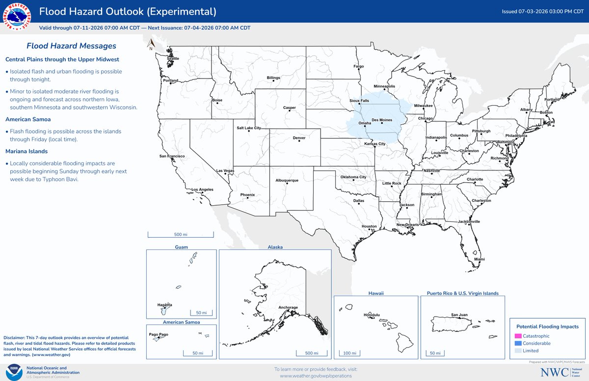 nwsnwc's tweet photo. The National Water Center has issued the afternoon National Flood Hazard Outlook, valid through 7:00 AM CDT on Saturday, July 11, 2026. More information is available at: https://t.co/xk3nxoAb1D #flooding https://t.co/tApVIESpd2