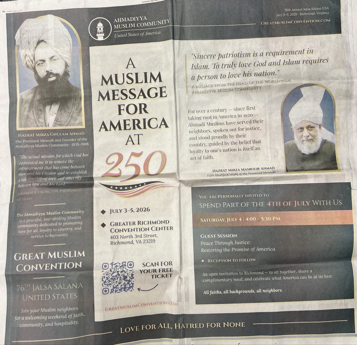 AeiApologia's tweet photo. Full page advertisement in the Richmond Times Dispatch to celebrate Islam on the 4th of July https://t.co/QARR44f8fB
