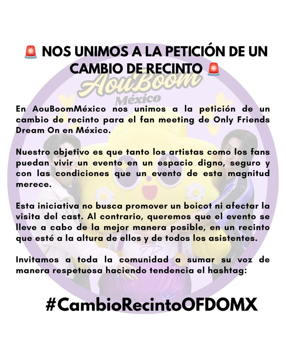 aouboom_mex's tweet photo. 🚨 NOS UNIMOS A LA PETICIÓN DE UN CAMBIO DE RECINTO 🚨
Si compartes este sentir, ayúdanos a difundir el hashtag
#CambioRecintoOFDOMX
De manera respetuosa.
Cada voz suma. https://t.co/sJWpWc6e7s