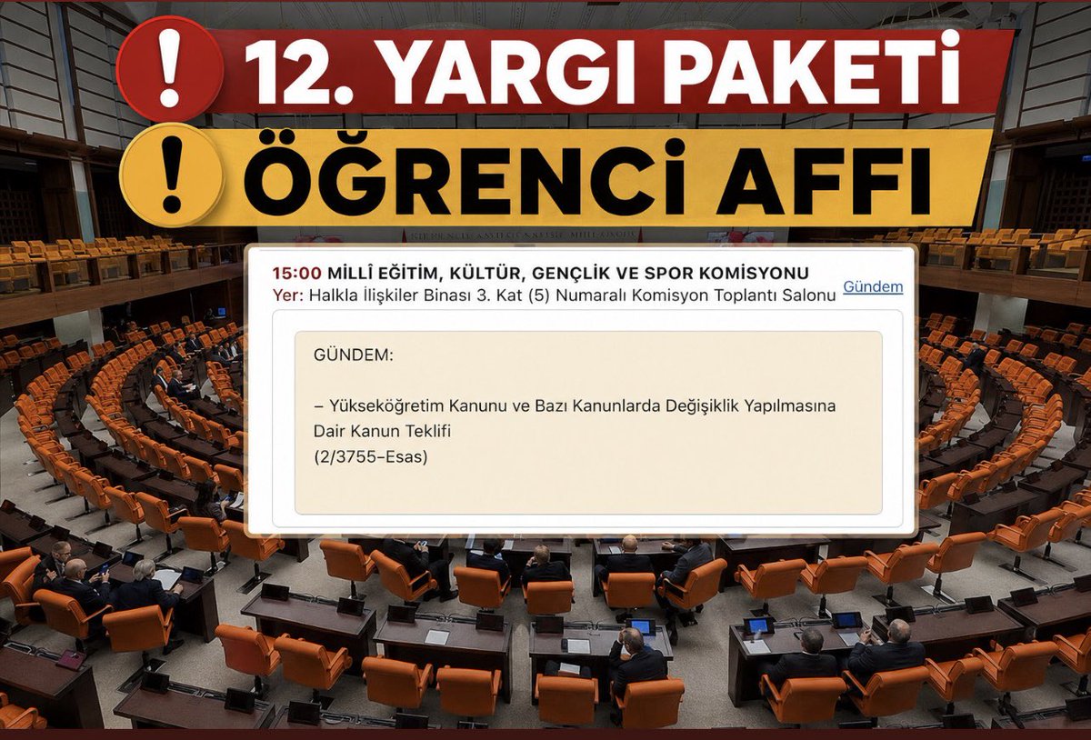 AbdullahAdabas's tweet photo. 🔴 12. Yargı Paketi 14 Temmuz Salı Günü TBMM (Meclis) Genel Kurulunda görüşülmeye başlanacak. (Saat 15:00)

Paketin 16 Temmuz Perşembe günü yasalaşması bekleniyor. 

🔴 Öğrenci Affı düzenlemesi de 14 Temmuz Salı günü Komisyonda. (Saat 15:00) https://t.co/prCOX0qF63