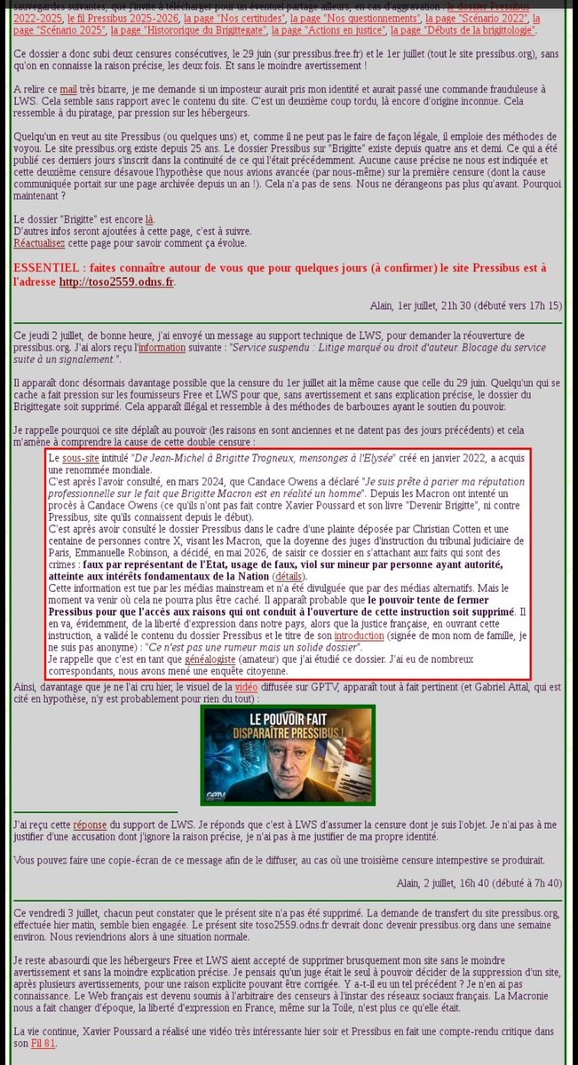 VivianeLamarle1's tweet photo. Je relaie ceci, transmis par #AlainBeyrand a tous ceux des lecteurs de #Pressibus qui ont pris la liberté de s'inquiéter de la disparition pour la 3 ème fois de son site foisonnant de documents et qui est actuellement entre les mains de la doyenne des juges dans le cadre d'une plainte contre X   pour 
Faux,
Usage de faux, 
Viol sur mineur, 
Atteinte aux intérêts fondamentaux de la nation 

Dans un état de droit la justice quand elle est saisie doit pouvoir faire sereinement son travail en toute indépendance.
 
Il serait hautement inquiétant si quiconque de-saisissait la doyenne de ce dossier.
La censure répétée de ce site aux informations o combien vérifiées, étayées et explosives  sonne comme un aveu. 

Que l'on se garde bien par ailleurs de chercher à m'atteindre soit en supprimant mon compte X , soit en s'attaquant à mon maigre compte en banque ou celui de mon mari comme d'autres ont pu l'expérimenter.
Citoyenne libre je suis. 
Citoyenne libre je resterai. 
#JeNeSuisPasSuicidaire
#JeSuisDeBonneFoi
#LoiLanceurZlerte 

Ce tweet pour mémoire 
Copie @Elysee, @EmmanuelMacron @GDarmanin @SebLecornu @afpfr