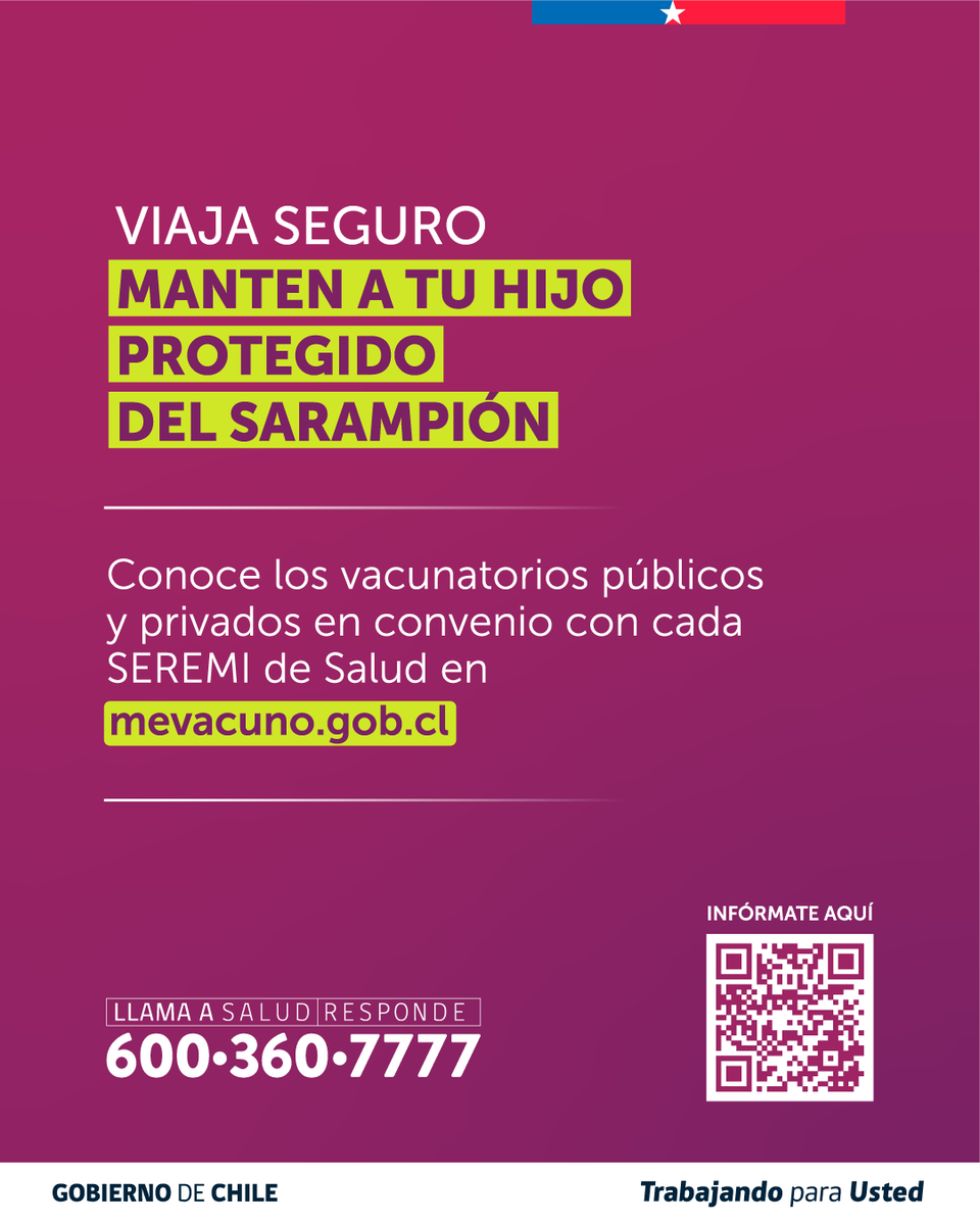 ministeriosalud's tweet photo. Si vas a viajar con tu hijo fuera del país, asegúrate de que cuente con sus vacunas contra el sarampión 🛫

Existen varios países con brotes de la enfermedad, por lo que es esencial protegerlos ya que es altamente contagiosa y se transmite a través de secreciones respiratorias. 

#ChileContraElSarampión