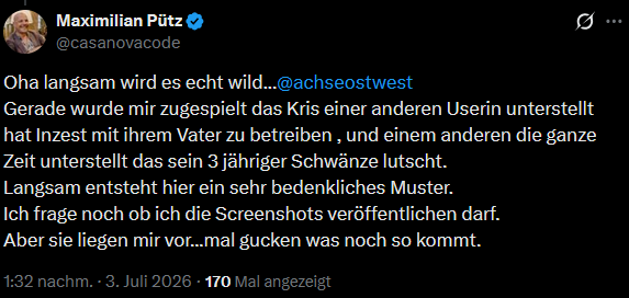 KrysAngerAV's tweet photo. Maxi ist es wieder egal^^ 

Aber für euch mal Kontext. 🥰

Der Kerl über den er spricht ist Papa Schlumpf von Discord. Der ist damals (vor 5 Jahren)vom Angry Captain Server geflogen weil er ständig darüber reden wollte dass sein Sohn im Kindergarten "Doktorspiele" macht (Was er auf dem Server immer detailliert dargestellt hat). Er hatte das er später weil er (wer hätte es gedacht) getrennt von der Mutter des Sohnes lebt. 

Durch den Rauswurf hat er sich es zu Aufgabe genommen meinen Namen immer wieder überall zu posten. Ich nehme stark an dass seine Leben Situation  ihm nicht viel Freude lies und er dort ein wenig übertragene Rache und Kontrolle erleben konnte da durch.

Er ist aus ähnlichen Gründen von anderen Servern geflogen. Klar haben ich und andere sich darüber lustig gemacht. Die Sache hat ihn getriggert. Es war seine Schwachstelle. Ob dass für das veröffentlichen meines Klarnamens angemessen war könnte ihr selbst entscheiden. 

Was hier interessant ist, dass er schreibt, dass es eine Unterstellung ist. Ne das war original sein Banngrund. Er hat einfach nicht verstanden dass niemand das hören wollte. 

Wer die Alte war die was mit ihrem Vater hatte weiß ich nicht genau. Könnte Red Smurf sein, eine Hobby Prostituierte die damals auf dem AC Server war. Erinnere mich dunkel, dass sie mal so was in die Richtung erzählt hatte.

Aber weiterhin witzig wie egal Maxi alles ist und er jetzt 5 Jahre alte Screens posten will und denkt dass er damit einen Punkt macht in dem er zugibt mit Doxxern abzuhängen 😂😂😂

Mehr in den Drukos

https://t.co/1siwCIYM8F