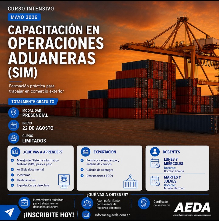 AEDA_ok's tweet photo. 💻 Capacitación en Operaciones Aduaneras (SIM): ¡Inscribite ahora!

📅 Inicio: 10 de Agosto

📩 ¿Cómo inscribirte? Para más información o para asegurar tu lugar, envianos un correo a: informes@aeda.com.ar

¡No pierdas la oportunidad de seguir profesionalizándote!

AEDA https://t.co/tb4lMomAXs