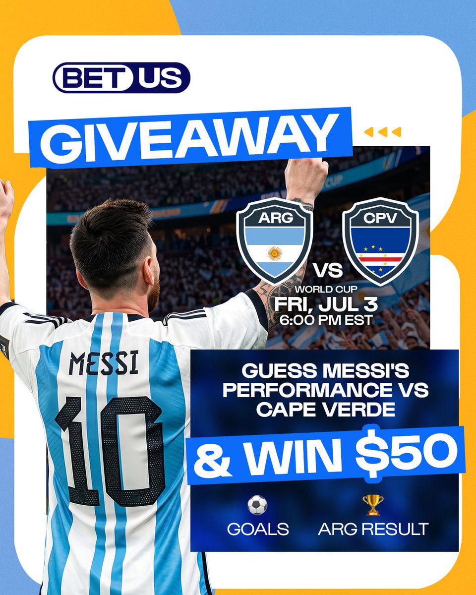 BetUS_Official's tweet photo. GIVEAWAY | Guess Leo Messi's performance vs Cape Verde &amp; WIN $50! 💸

⚽ Goals
🏆 Argentina Result

Must follow us, like &amp; RT to ENTER ✅ https://t.co/IhBDJTLfAq