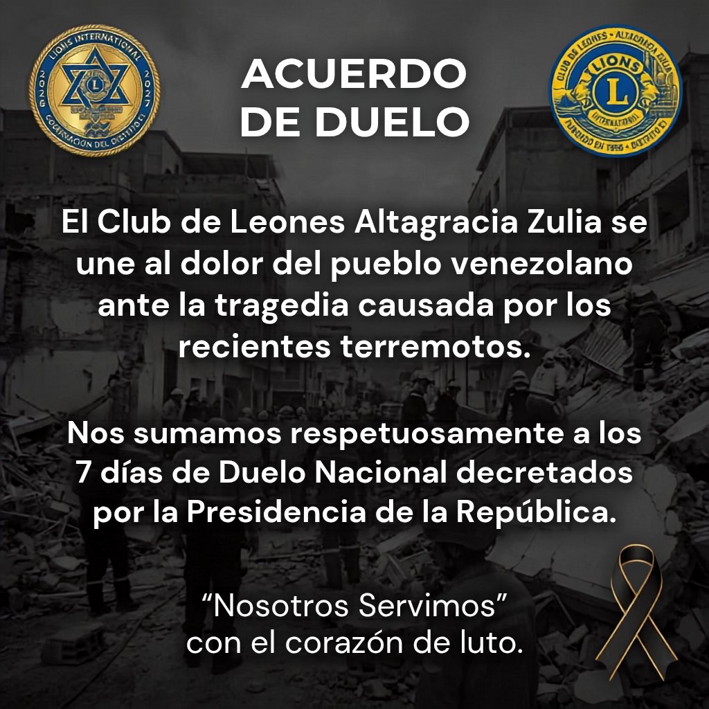 ClubAltazulia's tweet photo. Desde el Club de Leones Altagracia Zulia, manifestamos nuestro más profundo pesar por las irreparables pérdidas humanas y materiales sufridas en el centro de nuestra República a causa de los recientes terremotos
​#ClubDeLeones #DistritoE1 #AltagraciaZulia #DueloNacional #WeServe https://t.co/IqT9o2o1fF