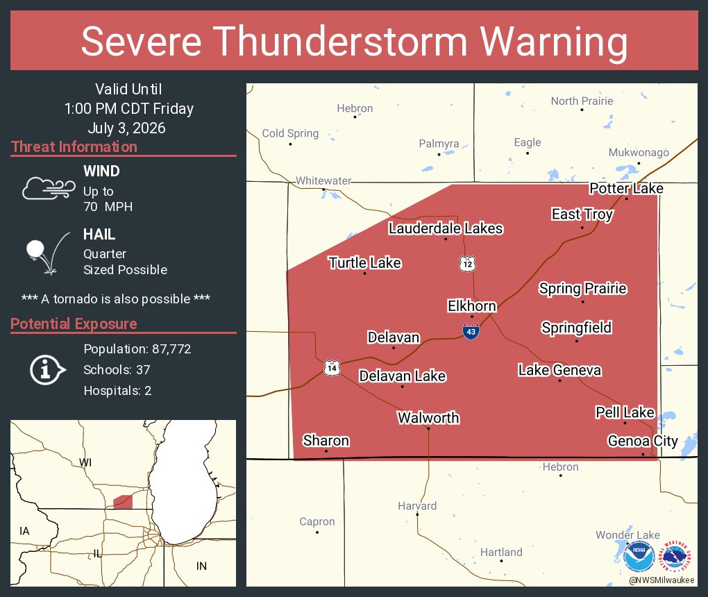 NWSMilwaukee's tweet photo. Severe Thunderstorm Warning continues for Elkhorn WI, Delavan WI and  Lake Geneva WI until 1:00 PM CDT. This storm will contain wind gusts to 70 MPH! https://t.co/3xa2wCzJWt