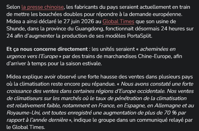 BaptisteDetombe's tweet photo. Les Chinois parlent de l'Europe comme on parle de pays en développement auxquels il faut envoyer une aide humanitaire à la moindre catastrophe naturelle. Mais ne l'avons-nous pas mérité ?

Les États européens, comme les particuliers, n'ont pas pris au sérieux le changement climatique et n'ont pas anticipé l'emballement des canicules, de plus en plus courantes et de plus en plus fortes. En Europe, beaucoup de lieux publics, d'entreprises et de foyers ne sont toujours pas équipés de climatisation, ni même de ventilateurs ou de quoi que ce soit pouvant faire baisser la température d'un bâtiment.

Quand ça chauffe, qu'il y a des milliers de morts, tout le monde se réveille en même temps. Et c'est la pénurie. La désindustralisation de la France nous rend incapables de produire rapidement et massivement des climatiseurs ou des ventilateurs. 

Alors les Chinois rafleront la mise en se posant en sauveur, et pourront vendre des clims à prix extrêmement fort s'ils le souhaitent, et vous les remercierez. Victoire totale pour eux, ils n'ont même pas eu à faire grand chose pour s'imposer.

Et ce sera comme ça pour chaque crise, qu'elle soit sanitaire, climatique, pétrolière, militaire, etc : pas d'anticipation, pas d'industrie pour produire ce dont on a besoin, et une énorme panique dès que ça devient compliqué.