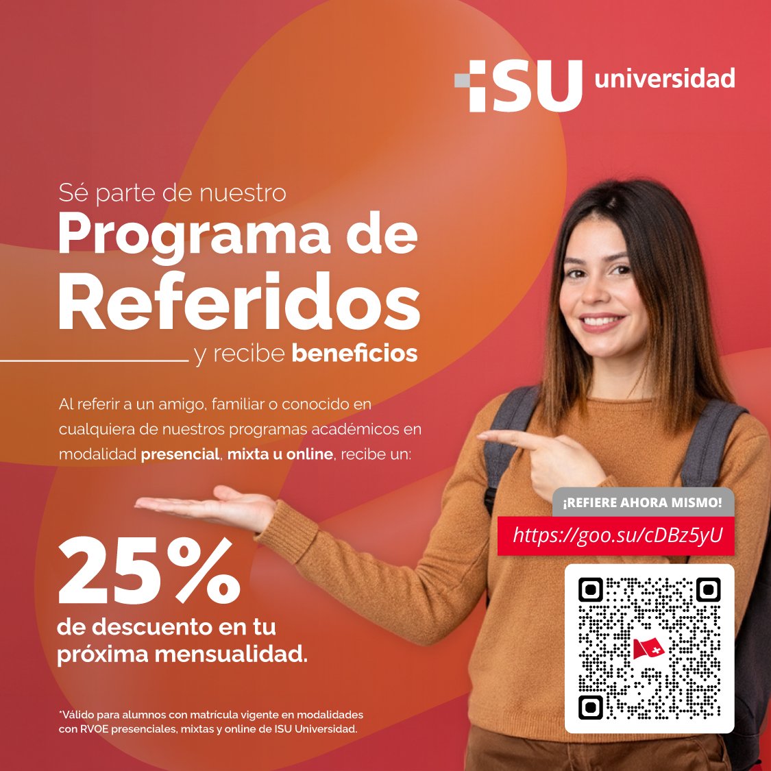 ISU_Universidad's tweet photo. 🎓 ¡Tu recomendación tiene recompensa! Refiere a un amigo, familiar o conocido a ISU y obtén 25% de descuento en tu próxima mensualidad. 💙

📲 Participa aquí: https://t.co/nlyGdfjxb2

#ISUUniversidad #ProgramaDeReferidos #InvitaYGana https://t.co/dR4MOG9Lqh
