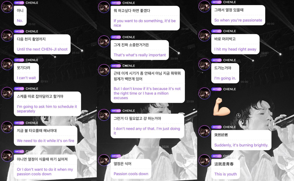 chenleveerse's tweet photo. 260704 | CHENLE BBL UPDATE

“no”
“until the next chenji shoot?”
“i can’t wait that long”
“i’m going to ask them to schedule it separately”
“we’ve gotta do it while the hype is still there”
“otherwise, once the excitement wears off, i won’t feel like doing it anymore” 
“if there’s something you want to do, that’s a good thing”
“because that’s something truly precious”
“but people always come up with a million excuses“the timing isn’t right,” “right now isn’t a good time,” and so on”
“none of that matters. just do it”
“passion fades”
“so while you still have that passion”
“throw yourself into it”
“and just go for it”
“💪🏻”
“that suddenly got me so fired up”
“this is what youth is”
“🔥”
fan reply: do you still think you’re young?
“yes! 🙋”
“let’s goooooooo!!!”
“ahhhhhhhhh!!!”
“kyaaaaaa!!!”
“🔥”
“youth is…”
“being young is…”
“making mistakes”
“falling down sometimes”
“getting back up again”
“and throwing yourself into it until the very end”
“that’s what it’s all about”
“of course, do it wisely”
“ㅋㅋㅋㅋㅋㅋ”
“obviously, i didn’t drink”

#천러 #チョンロ #钟辰乐 #辰乐 #CHENLE