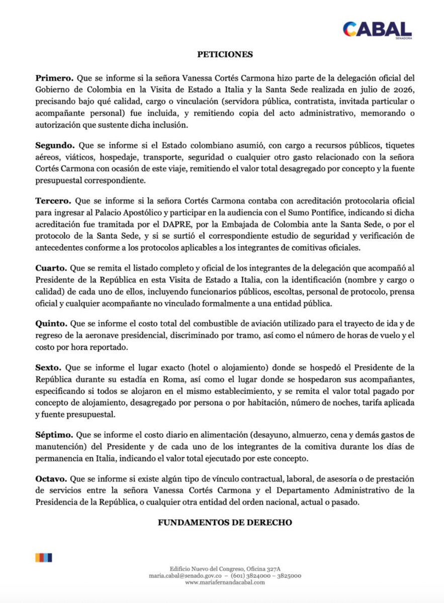 MariaFdaCabal's tweet photo. Acabo de radicar un derecho de petición ante el DAPRE, donde le pregunto al Gobierno nacional: ¿Bajo qué calidad estaba Vanessa Cortés Carmona en la reunión de Petro con el Papa León XIV en el Vaticano? ¿Hubo gasto público de por medio? 

Además pido el listado completo de la comitiva y el costo total del viaje a Roma: combustible, alojamiento y alimentación.