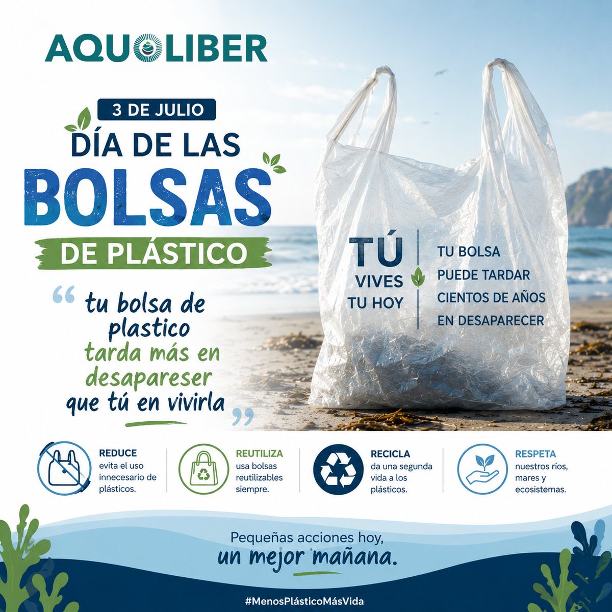 AquoLiber's tweet photo. 3 de julio | Día Internacional Libre de Bolsas de Plástico. Una bolsa de plástico puede utilizarse durante unos cuantos minutos, pero permanecer en el ambiente durante cientos de años.
En AquoLiber creemos que el cuidado del agua y la protección del medio ambiente van de la mano. https://t.co/r1EMs45Frd