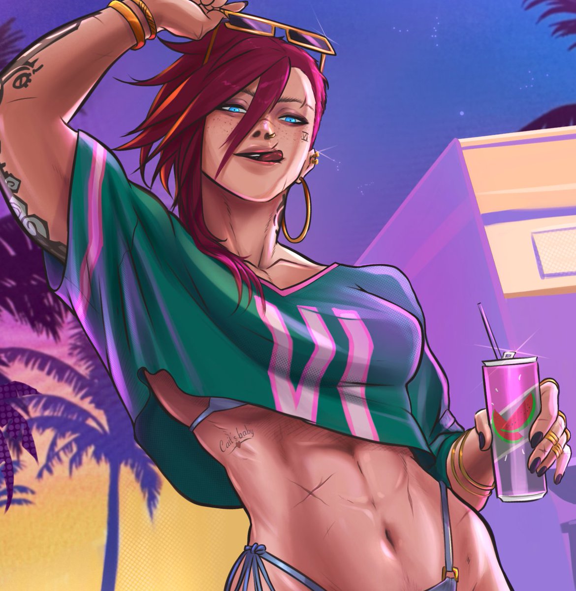 KrinoSad's tweet photo. Ended up doing the tongue thingy 
Fixed her abs, bit more scars, logo and biceps.
This angle is pretty good with her staring down and all...
#arcane #vi https://t.co/fBPsG1grkC