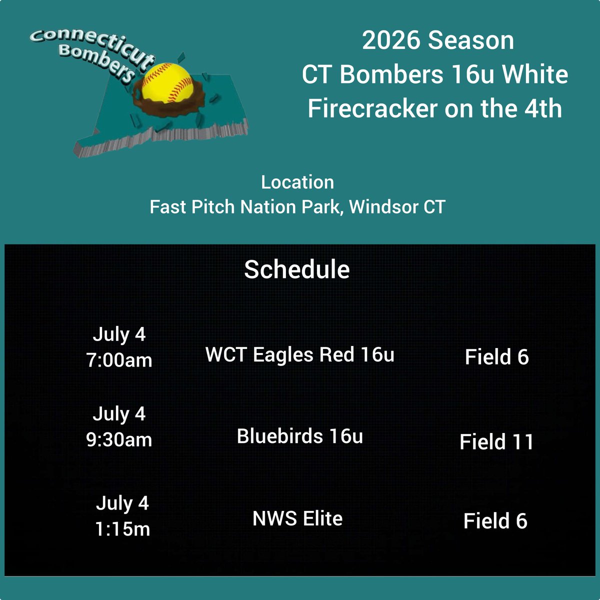 daphne_specht's tweet photo. Updated Schedule for tomorrow due to heat, come catch a game if you still can!
#uncommitted2028 #softballprospect #studentathlete #CTBOMBERS #d1softball #d2softball #d3softball @softballhype https://t.co/8FcLO6DqgU