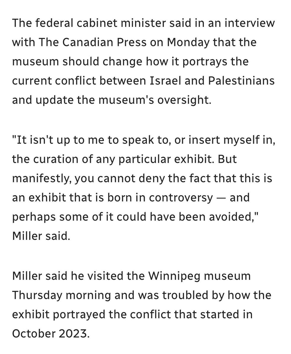 SanaSaeed's tweet photo. Parts of Canadian media, many Jewish orgs and the Canadian Heritage Minister - Marc Miller - have condemned the Canadian Museum of Human Rights on the Nakba & its exhibit on the Gaza genocide. 

These people foam at the mouth if you don’t call Hamas a “terrorist group” and when you reference global consensus on Israel’s genocide, occupation & apartheid. They they don’t just want to see Palestinians exterminated, they want it so that they never even existed in the first place - that’s what happens when you want to deny or condemn the ability of Palestinians to tell their story of displacement, genocide, sexual violence and apartheid.