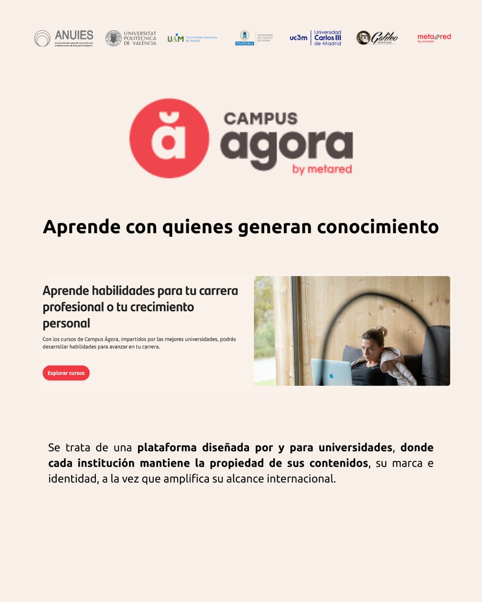 ANUIES's tweet photo. 🌐¡Campus Ágora ya es una realidad! La nueva plataforma colaborativa de formación online arranca oficialmente e invita a las #IES Iberoamericanas a sumarse.

Si formas parte de una universidad y quieres:
🔹 Visibilidad internacional 
🔹 Impacto social con formación accesible 
🔹 Colaborar con instituciones de prestigio 
🔹 Autonomía total de contenidos

Ingresa aquí: https://t.co/p4mOvK5Pp0
