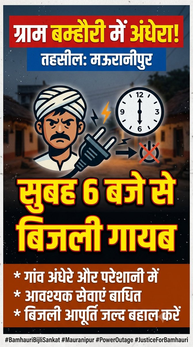 Social_harsh_'s tweet photo. तहसील मऊरानीपुर के ग्राम बम्हौरी में आज सुबह 6:00 बजे से बिजली गायब है।भीषण गर्मी में ग्रामीण,बच्चे और बुजुर्ग बेहाल हैं। कई घंट��� बीत चुके हैं लेकिन अभी तक कोई सुनवाई नहीं हुई।
​कृपया मामले का संज्ञान लें और बिजली आपूर्ति जल्द से जल्द बहाल करें। @UPPCLLKO @dvvnljhansi @Jhansi_DM https://t.co/JUnVjTWKen