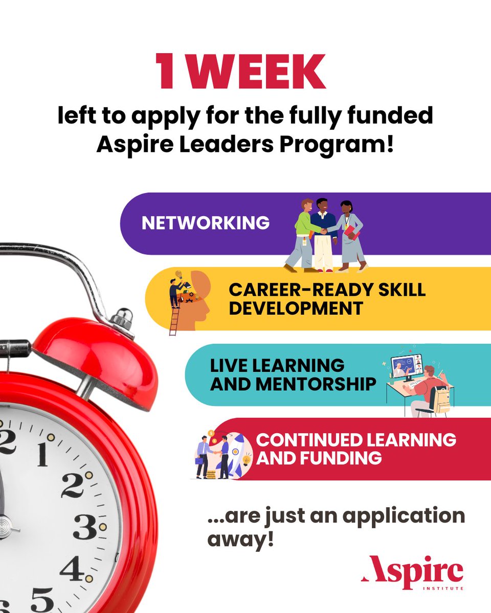 aspire_leaders's tweet photo. There's only ONE WEEK left for learners to apply to Cohort 3 of our 2026 Aspire Leaders Program! Don't miss this chance to join our global cohort of young leaders and changemakers — apply by July 10 in just 10 minutes at: https://t.co/VHjmD74Awq https://t.co/RSkDbYZk6I