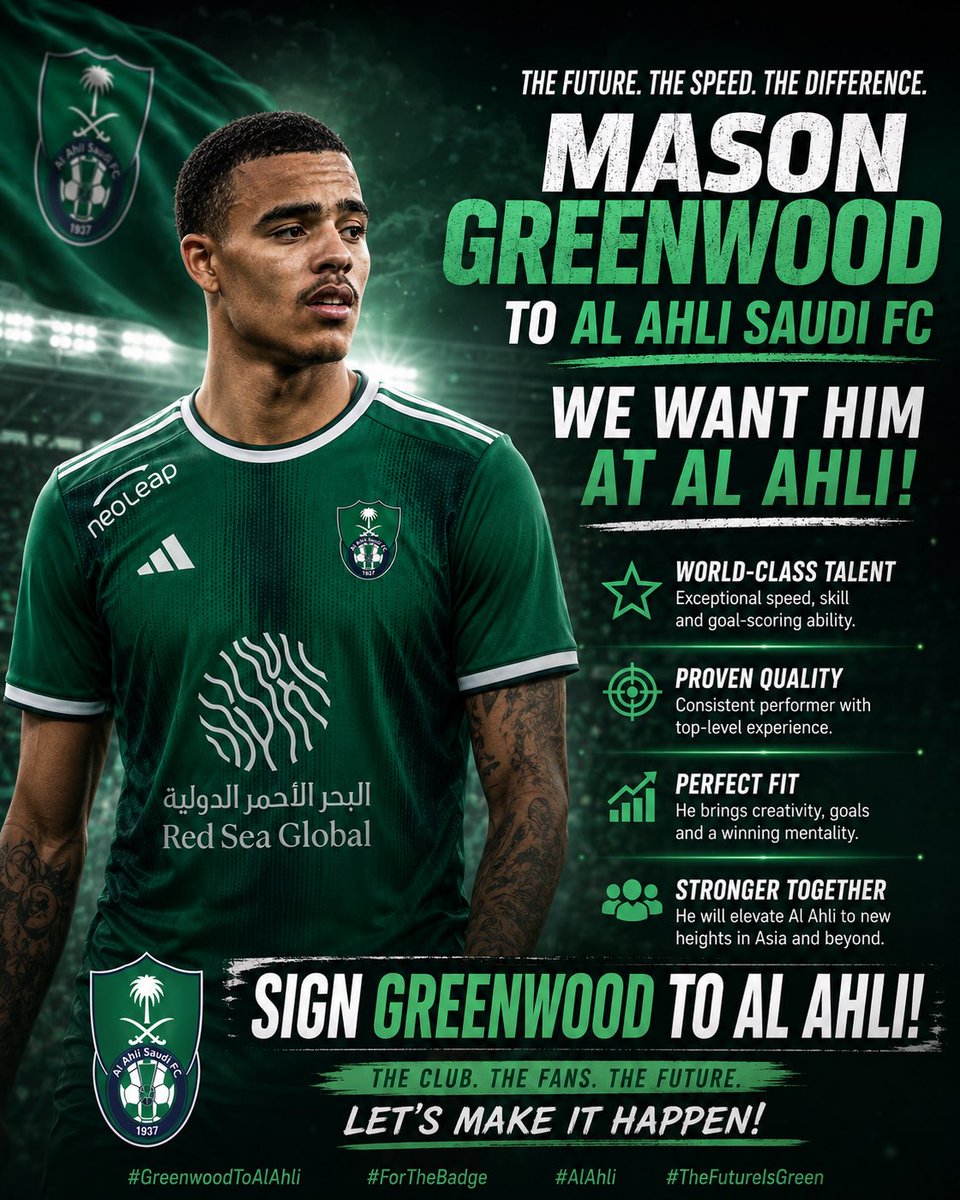 jsoom4224's tweet photo. We want Greenwood at Al Ahli Saudi FC!  should be Riyad Mahrez’s replacement. We compete for every trophy, on every stage. Greenwood is the signing we need!

 #GreenwoodToAlAhli https://t.co/IUn6m8UlZr