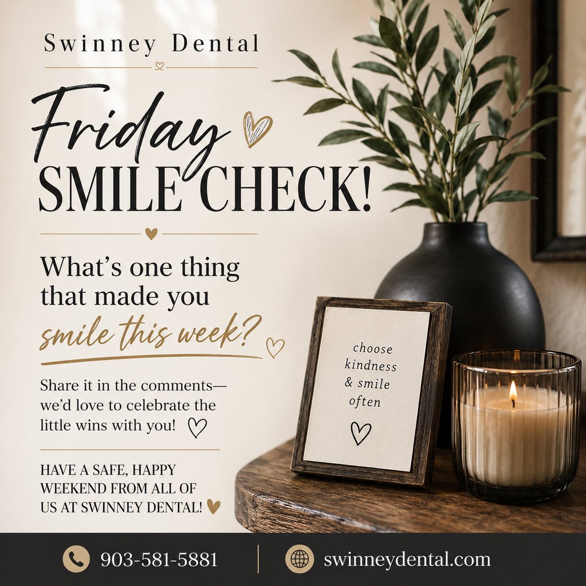 SwinneyDental's tweet photo. Friday Smile Check!
What’s one thing that made you smile this week? Share it in the comments - we’d love to celebrate the little wins with you!
Have a safe, happy holiday weekend from all of us at Swinney Dental! 💙❤️🤍
📞 903-581-5881
🌐 https://t.co/lWR3RRaDTF
#TylerTX https://t.co/J2e48SAWdD