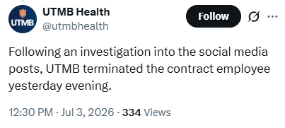 libsoftiktok's tweet photo. MAJOR UPDATE: The muslim nurse in Texas who posted a video saying how she wouldn't treat patients if they watched Fox News has been TERMINATED following our report.

Thank you, @utmbhealth, for your swift action. 

No nurse should be denying care to patients based on political beliefs.