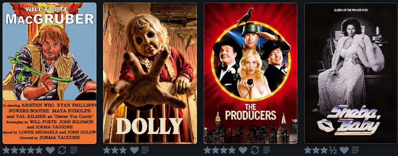 SoldatRenard's tweet photo. I slept in a bit since we got the day off for the holiday. I won't neglect my #LetterboxdFriday or #LastFourWatched duties, so here they are: Sheba is approachable blaxploitation, Producers gave us Springtime for Hitler, Dolly is a decent slasher, &amp; Macgruber is an American Hero! https://t.co/edbCs9Ocsp