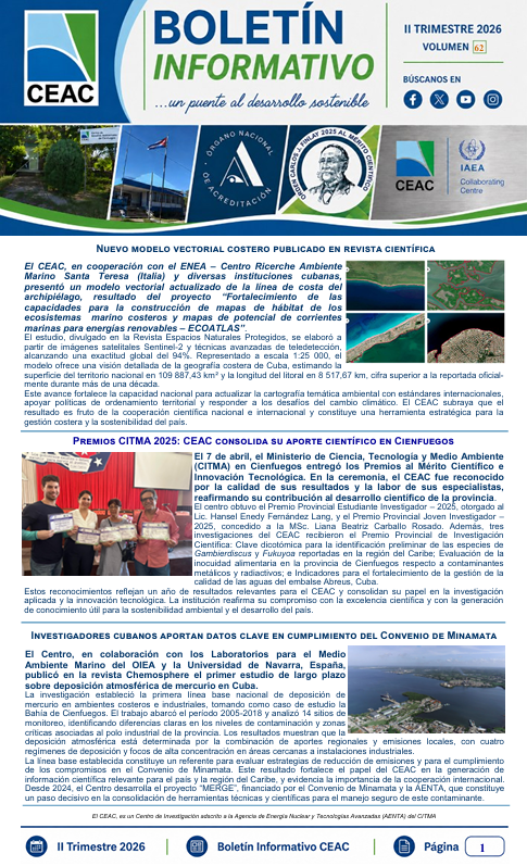 CEAC_Cuba's tweet photo. 📘 Ya está disponible el Boletín Informativo del CEAC | II Trimestre 2026.
Compartimos principales resultados de investigación, innovación, cooperación científica y gestión ambiental durante el período.
Continúa leyendo el resto del boletín en el siguiente post.
#CEAC #Ciencia https://t.co/OgjGPhY0Y5