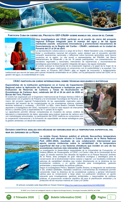 CEAC_Cuba's tweet photo. 📘 Ya está disponible el Boletín Informativo del CEAC | II Trimestre 2026.
Compartimos principales resultados de investigación, innovación, cooperación científica y gestión ambiental durante el período.
Continúa leyendo el resto del boletín en el siguiente post.
#CEAC #Ciencia https://t.co/OgjGPhY0Y5