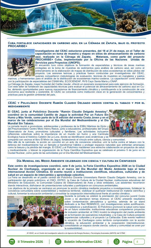 CEAC_Cuba's tweet photo. 📘 Ya está disponible el Boletín Informativo del CEAC | II Trimestre 2026.
Compartimos principales resultados de investigación, innovación, cooperación científica y gestión ambiental durante el período.
Continúa leyendo el resto del boletín en el siguiente post.
#CEAC #Ciencia https://t.co/OgjGPhY0Y5